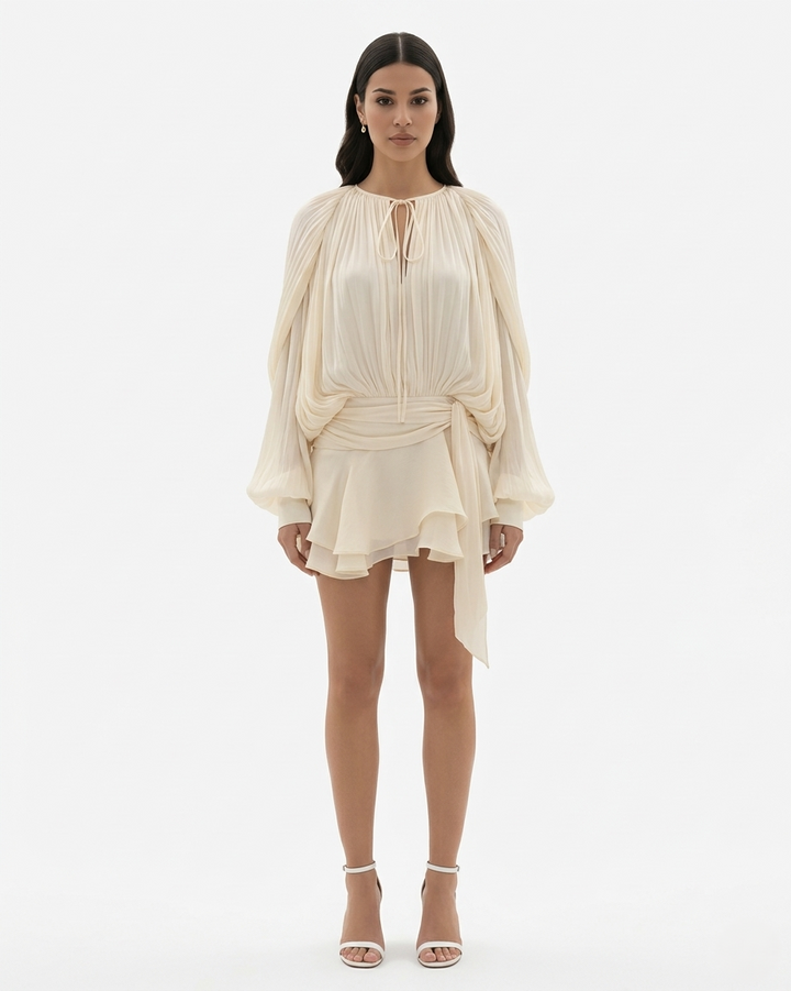 Womens Mini Dress with Tie Neck Long Sleeve and Pleated Ruffle Hem