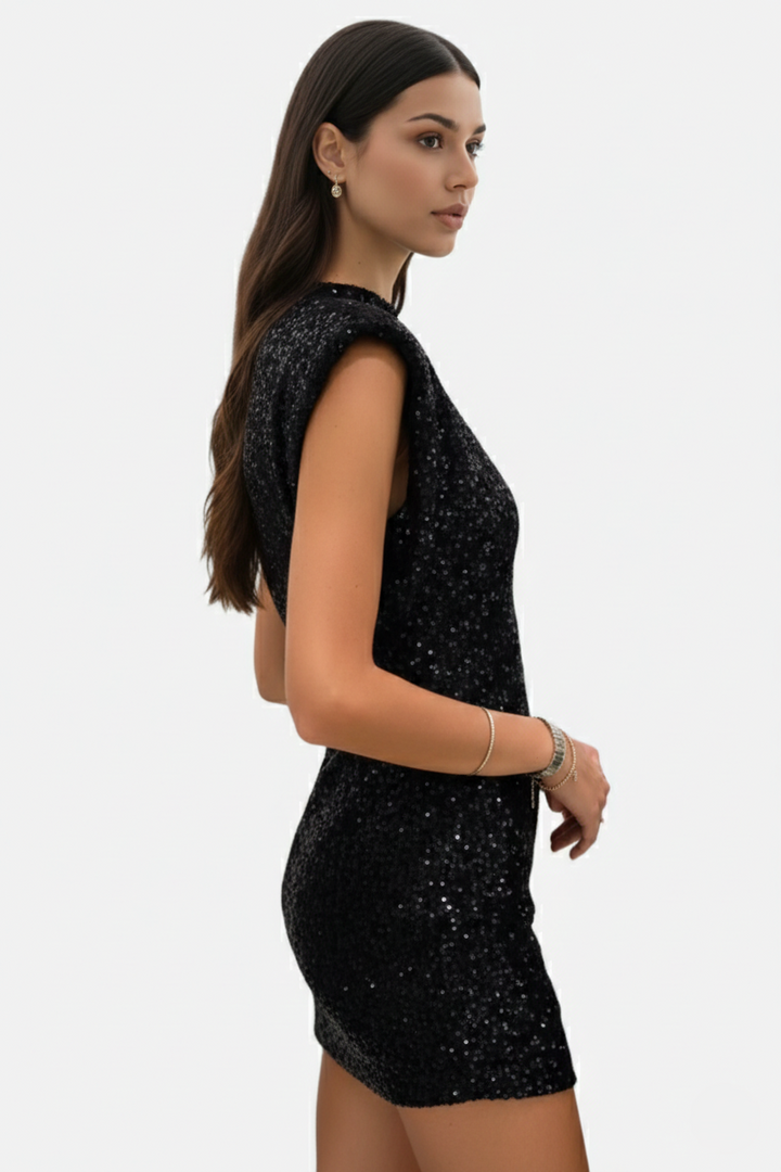 Womens Mini Dress with Sequins High Neck Structured Shoulders
