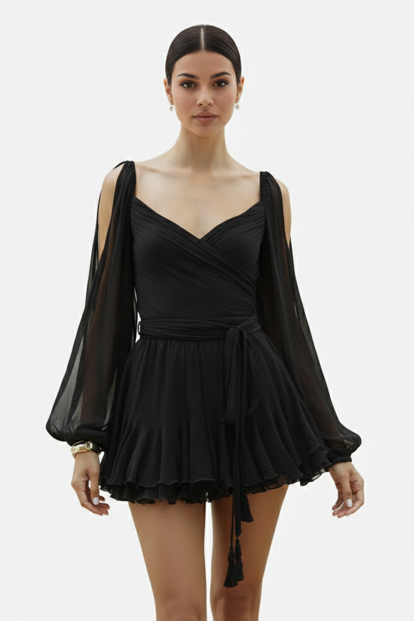 Womens Mini Dress Chiffon Lace-Up Back Puff Sleeve
