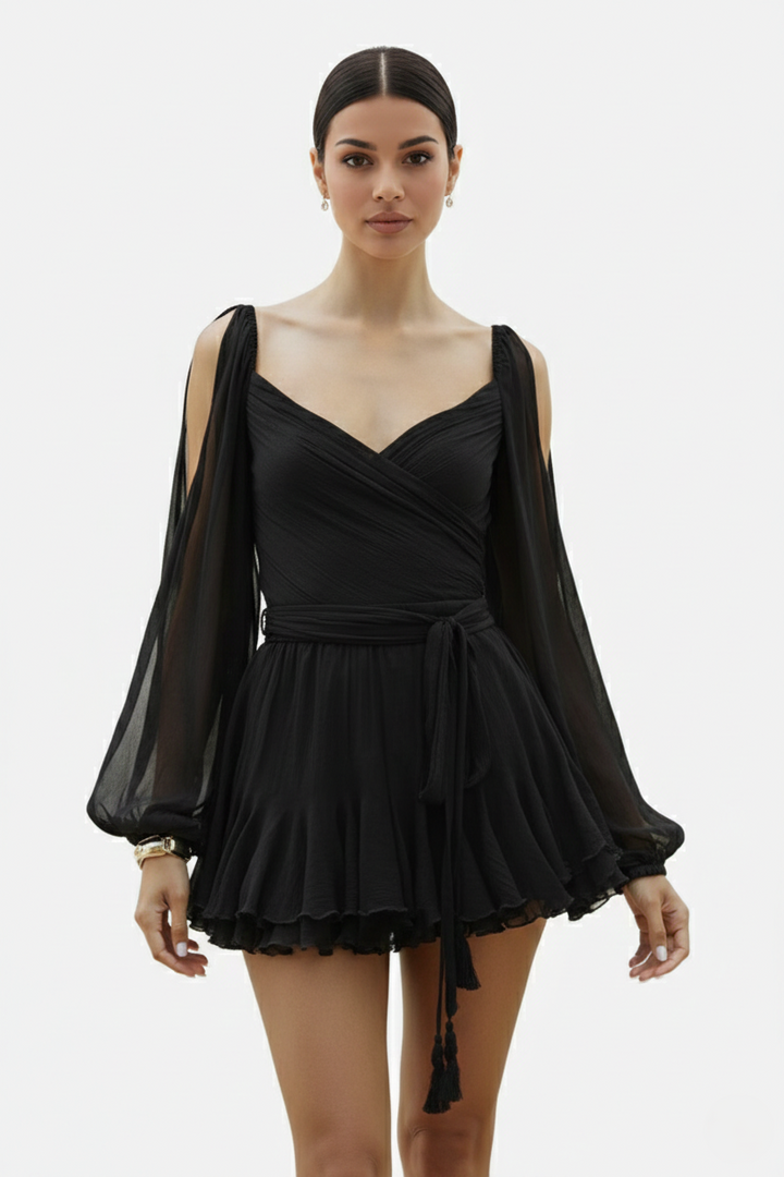 Womens Mini Dress Chiffon Lace-Up Back Puff Sleeve