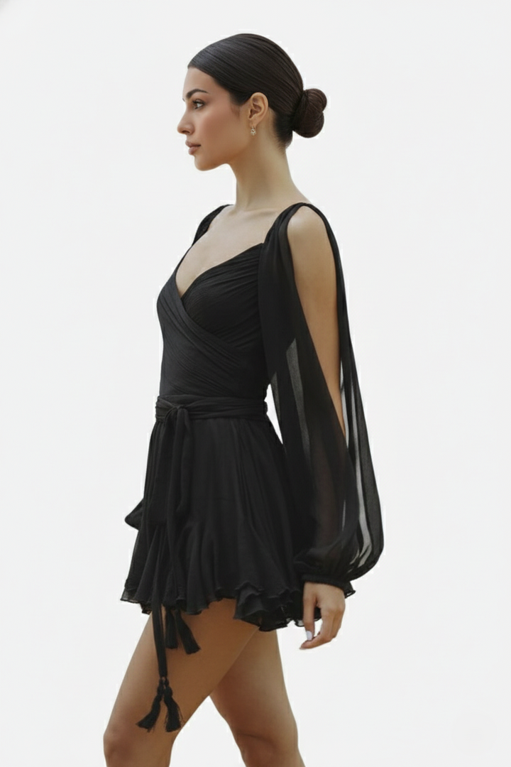 Womens Mini Dress Chiffon Lace-Up Back Puff Sleeve