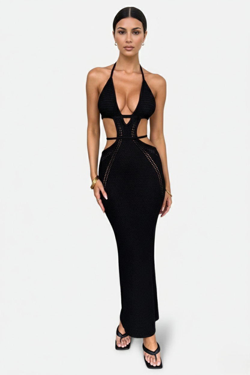 Womens Crochet Bodycon Maxi Dress Halter Neck Backless