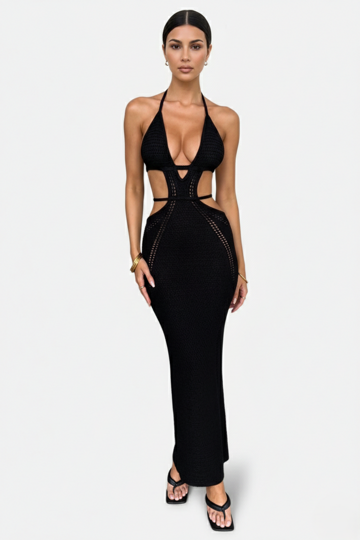 Womens Crochet Bodycon Maxi Dress Halter Neck Backless