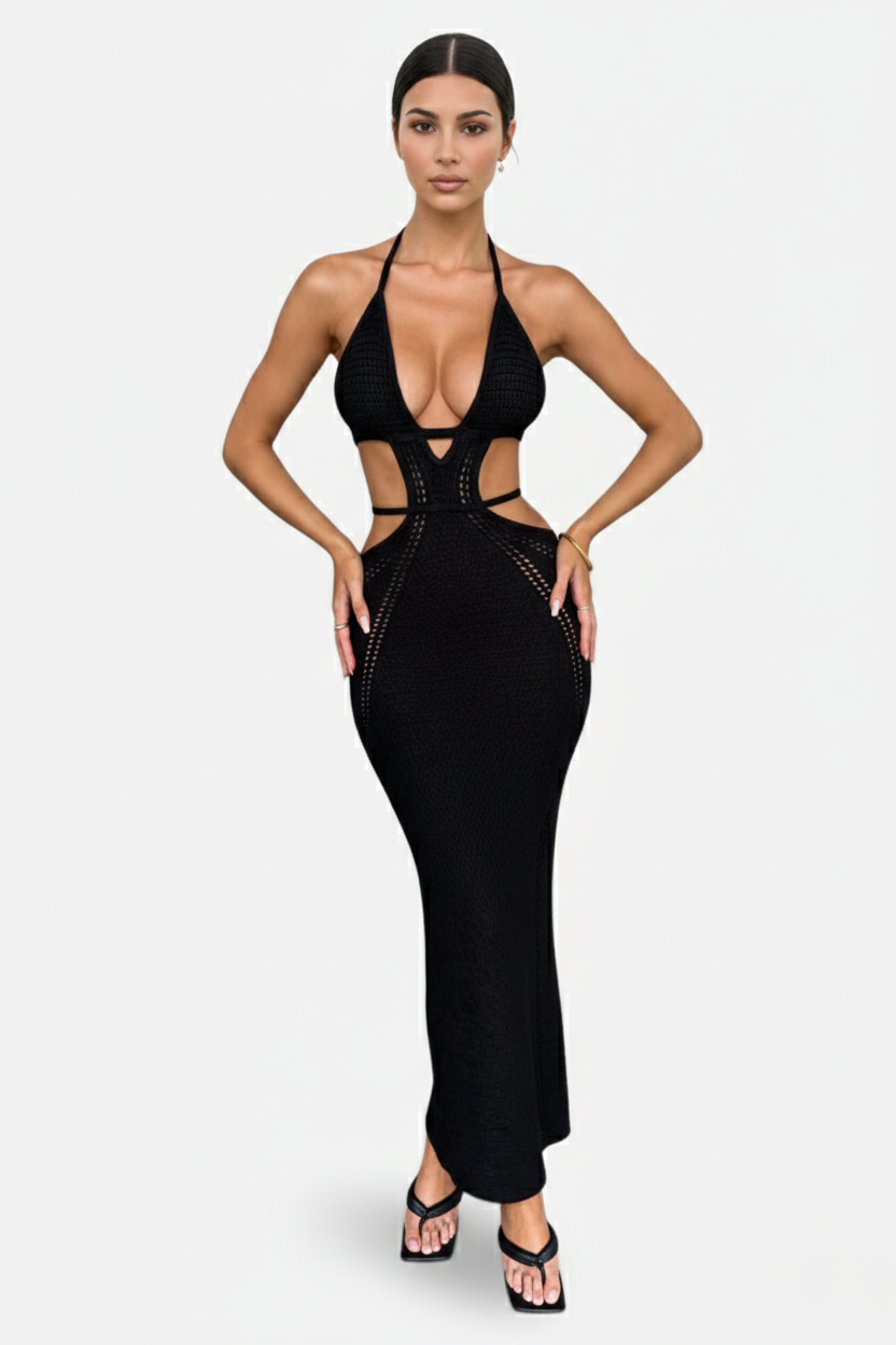Womens Crochet Bodycon Maxi Dress Halter Neck Backless