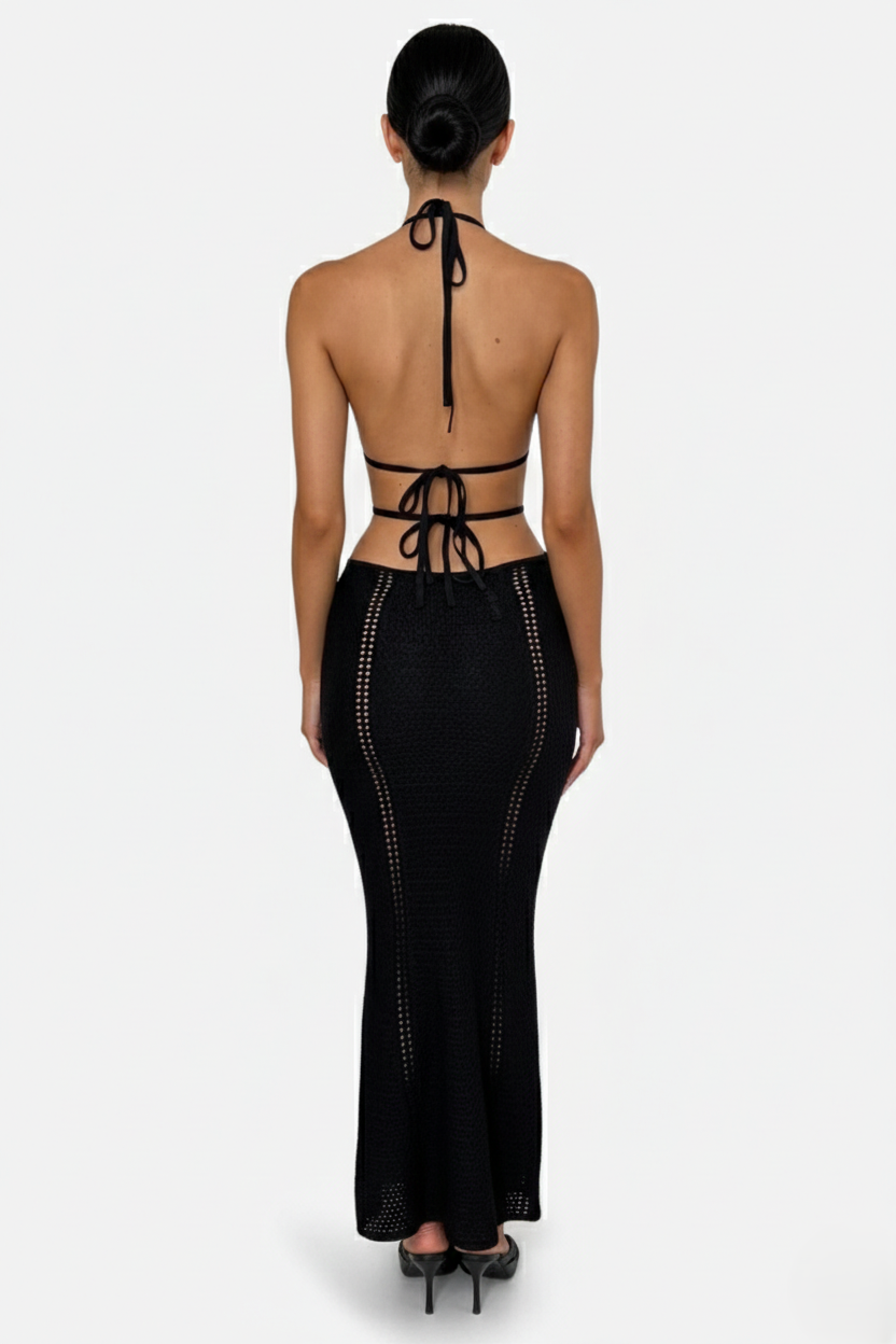 Womens Crochet Bodycon Maxi Dress Halter Neck Backless