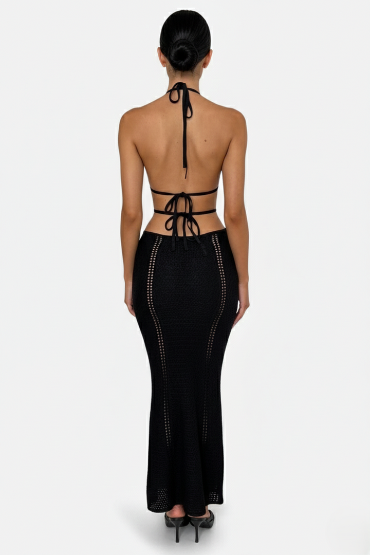 Womens Crochet Bodycon Maxi Dress Halter Neck Backless