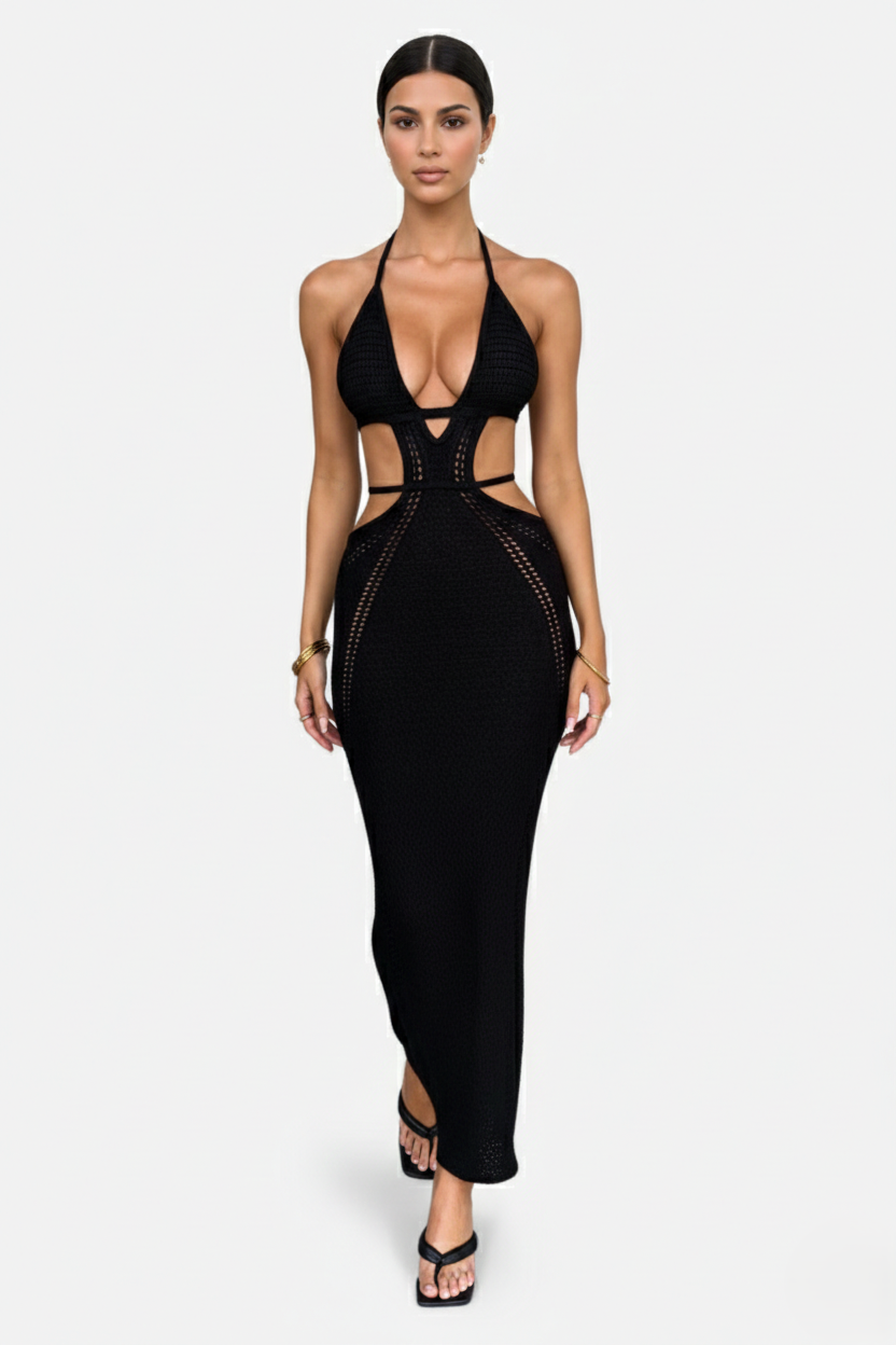 Womens Crochet Bodycon Maxi Dress Halter Neck Backless