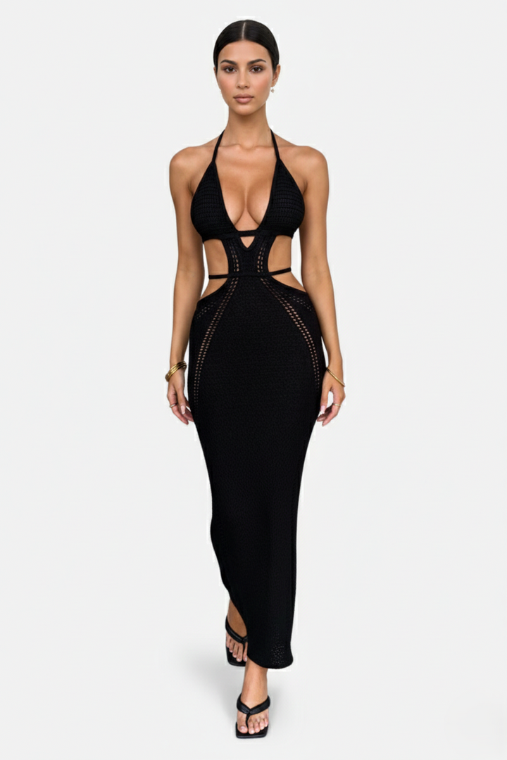 Womens Crochet Bodycon Maxi Dress Halter Neck Backless
