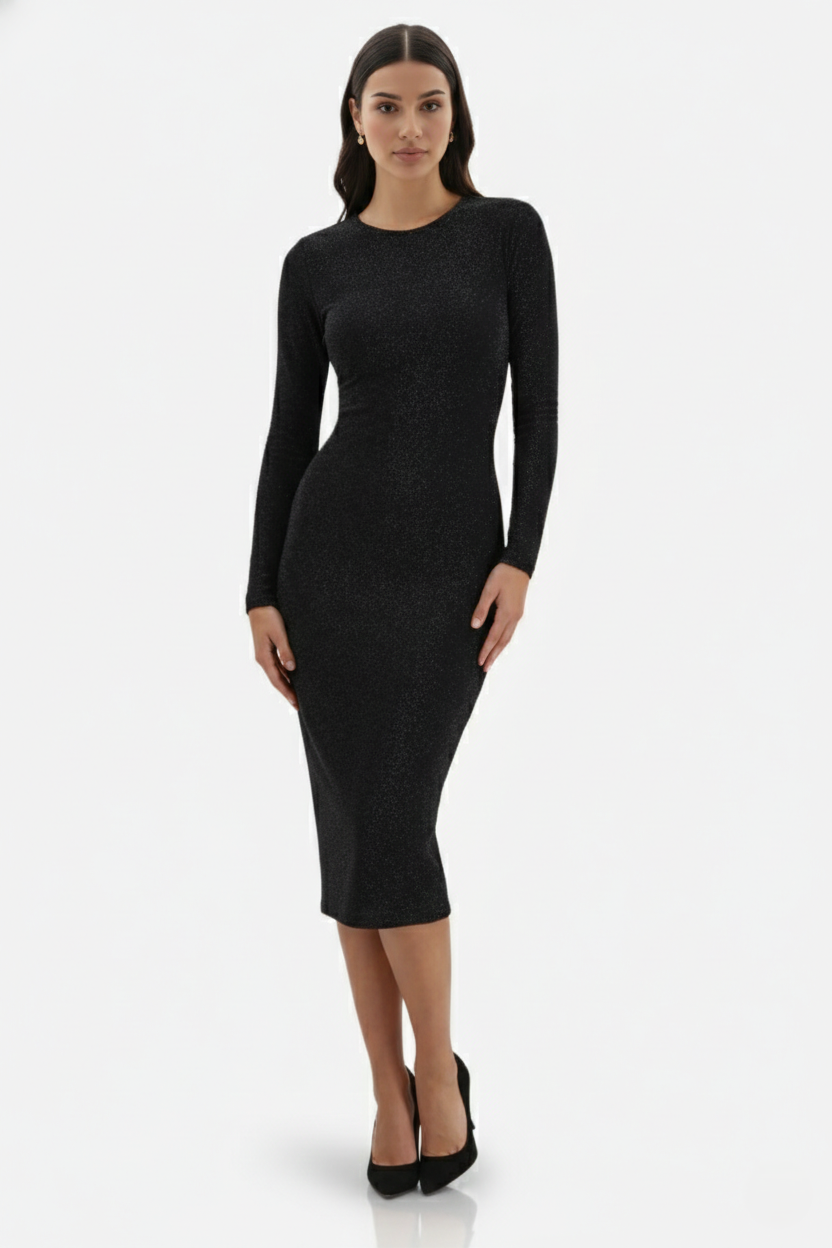 Womens Bodycon Midi Dress with Glitter Long Sleeve - Clovrio