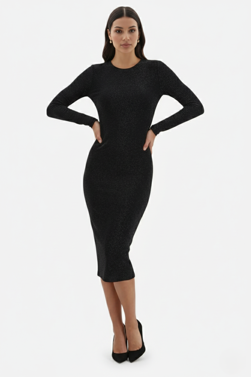 Womens Bodycon Midi Dress with Glitter Long Sleeve