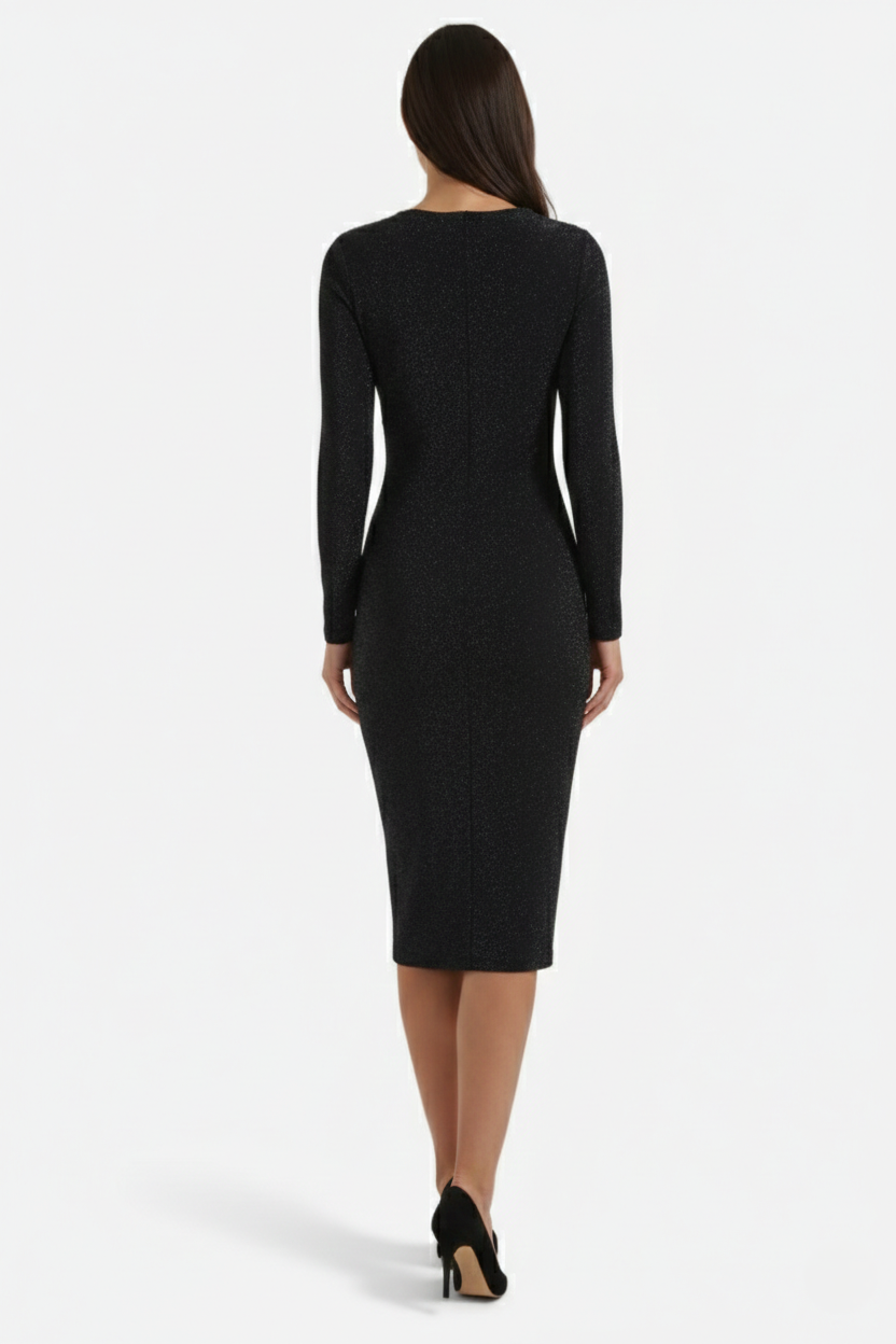 Womens Bodycon Midi Dress with Glitter Long Sleeve