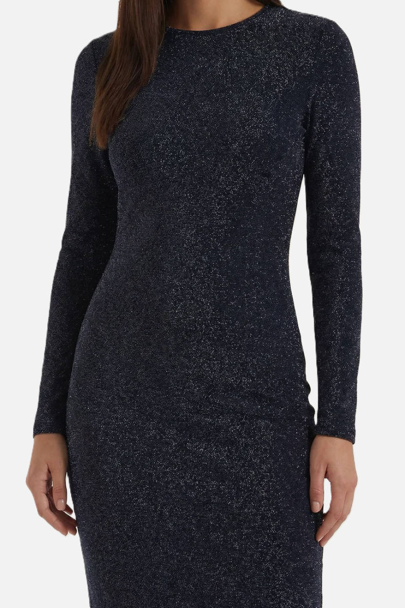 Womens Bodycon Midi Dress with Glitter Long Sleeve