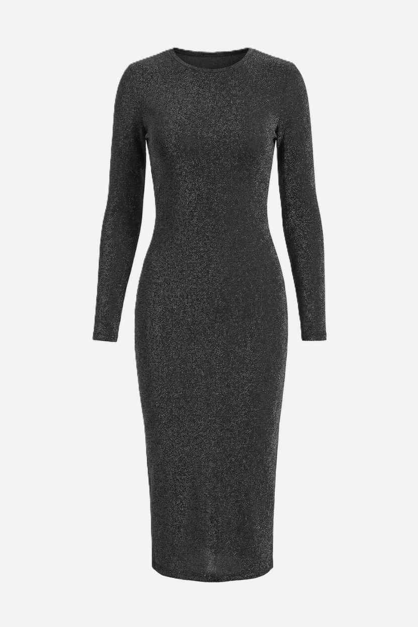 Womens Bodycon Midi Dress with Glitter Long Sleeve