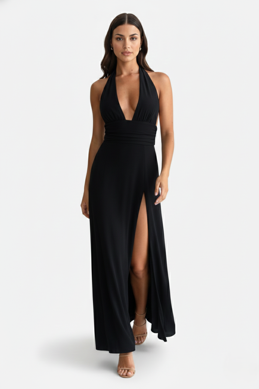 Womens Maxi Dress Halter V-Neck Cross Back High Thigh Slit