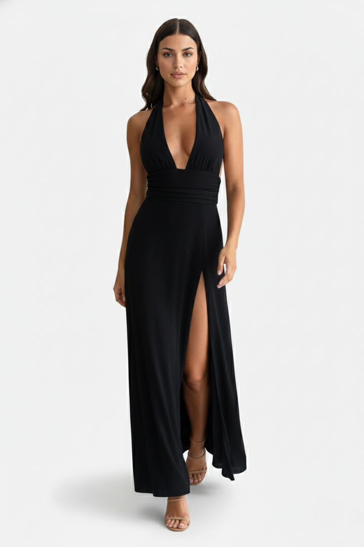 Womens Maxi Dress Halter V-Neck Cross Back High Thigh Slit