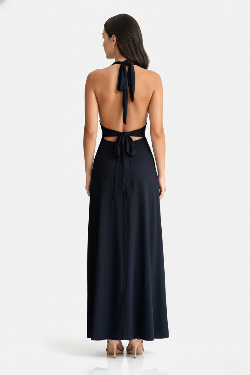 Womens Maxi Dress Halter V-Neck Cross Back High Thigh Slit