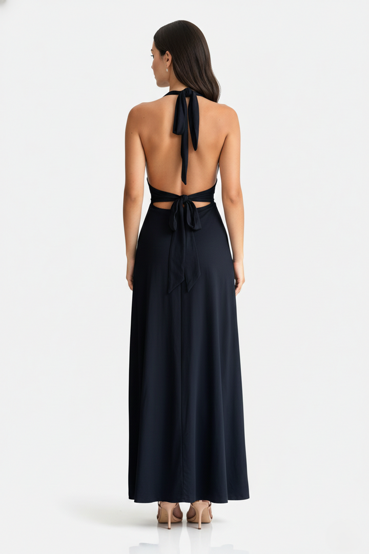 Womens Maxi Dress Halter V-Neck Cross Back High Thigh Slit