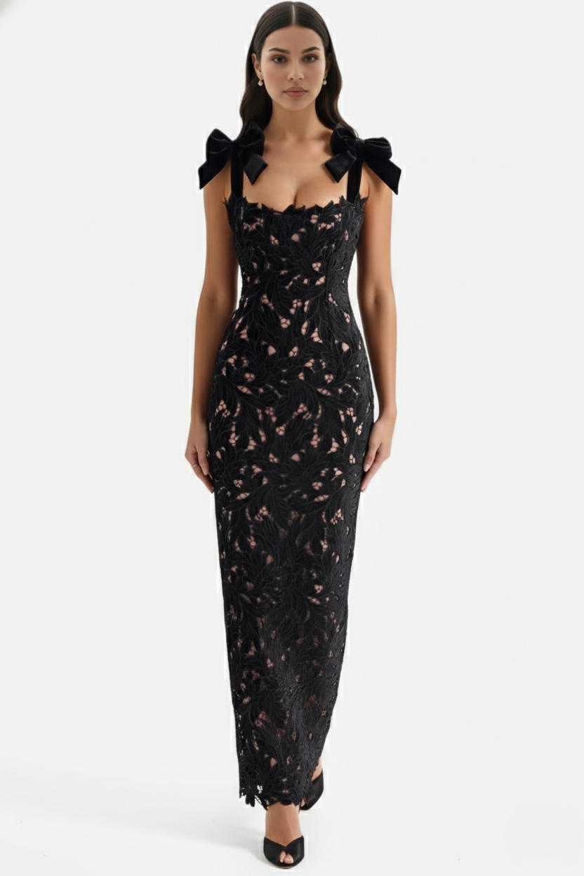 Womens Bodycon Maxi Dress Lace Cutwork Bow Shoulder Scalloped Hem