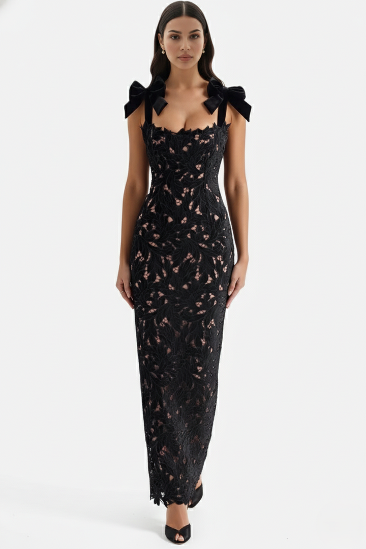 Womens Bodycon Maxi Dress Lace Cutwork Bow Shoulder Scalloped Hem