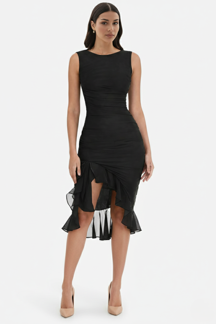 Womens Sleeveless Bodycon Midi Dress Ruched Ruffle Side Slit