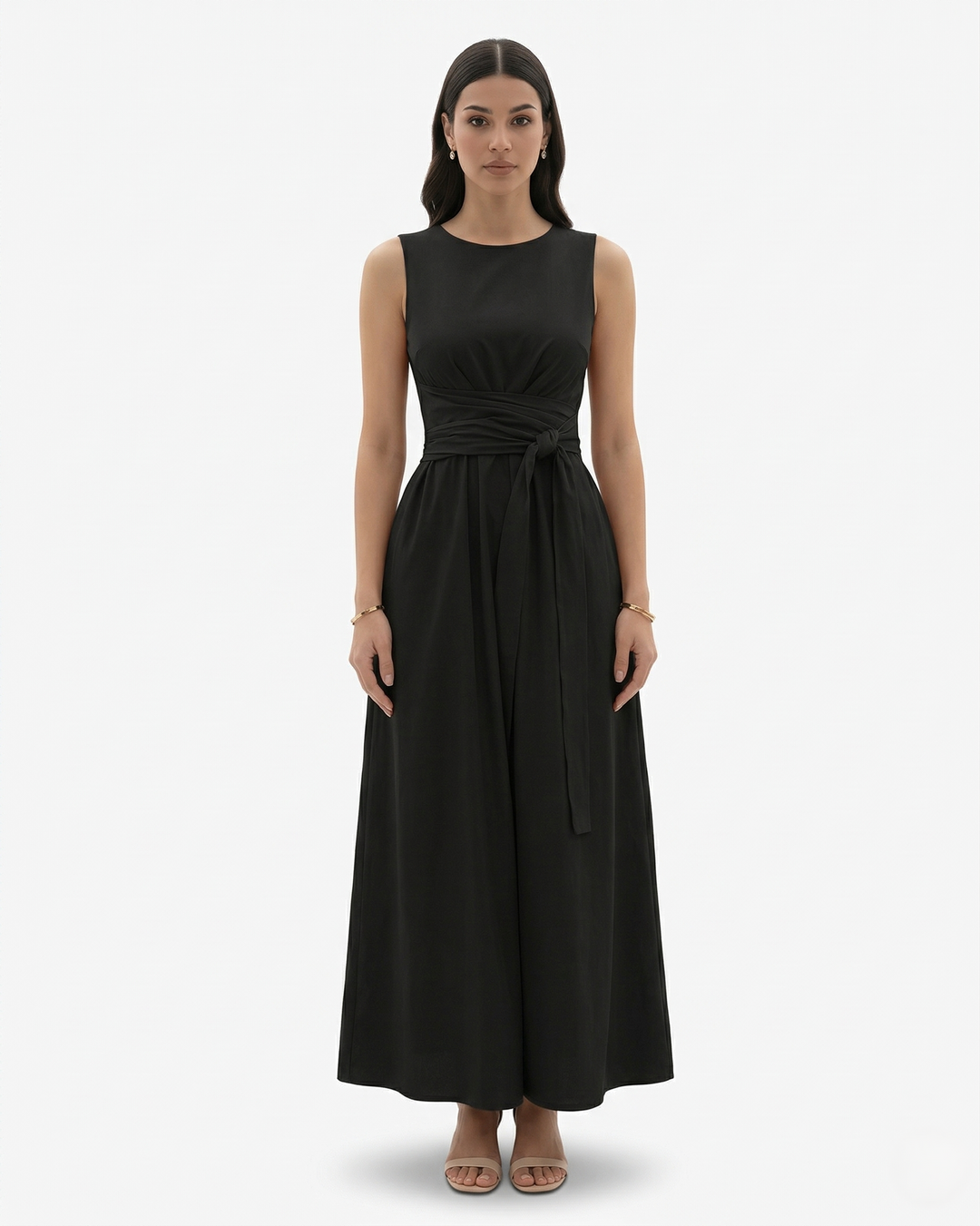 Womens Sleeveless Maxi Dress Crew Neck Tie Waist A-Line