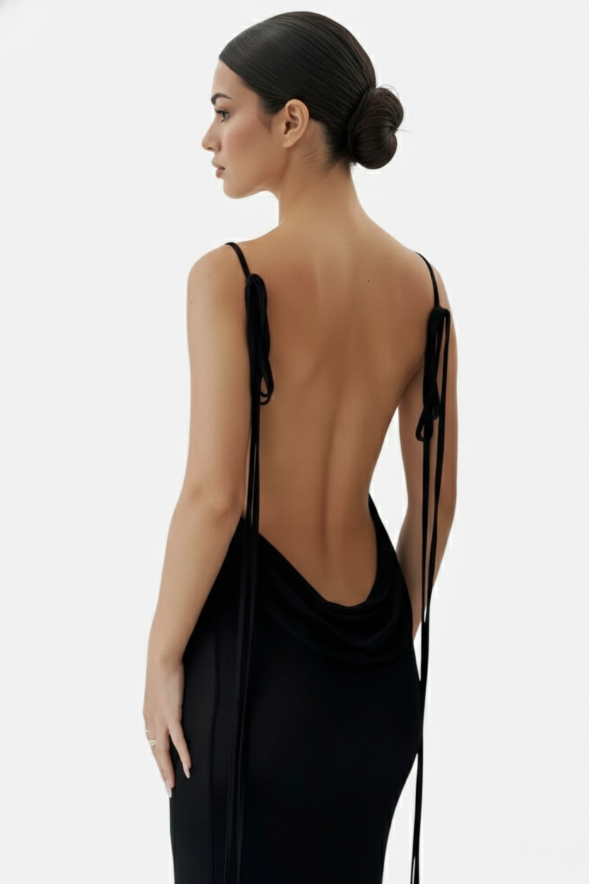 Womens Maxi Dress Spaghetti Strap Backless Tie Back