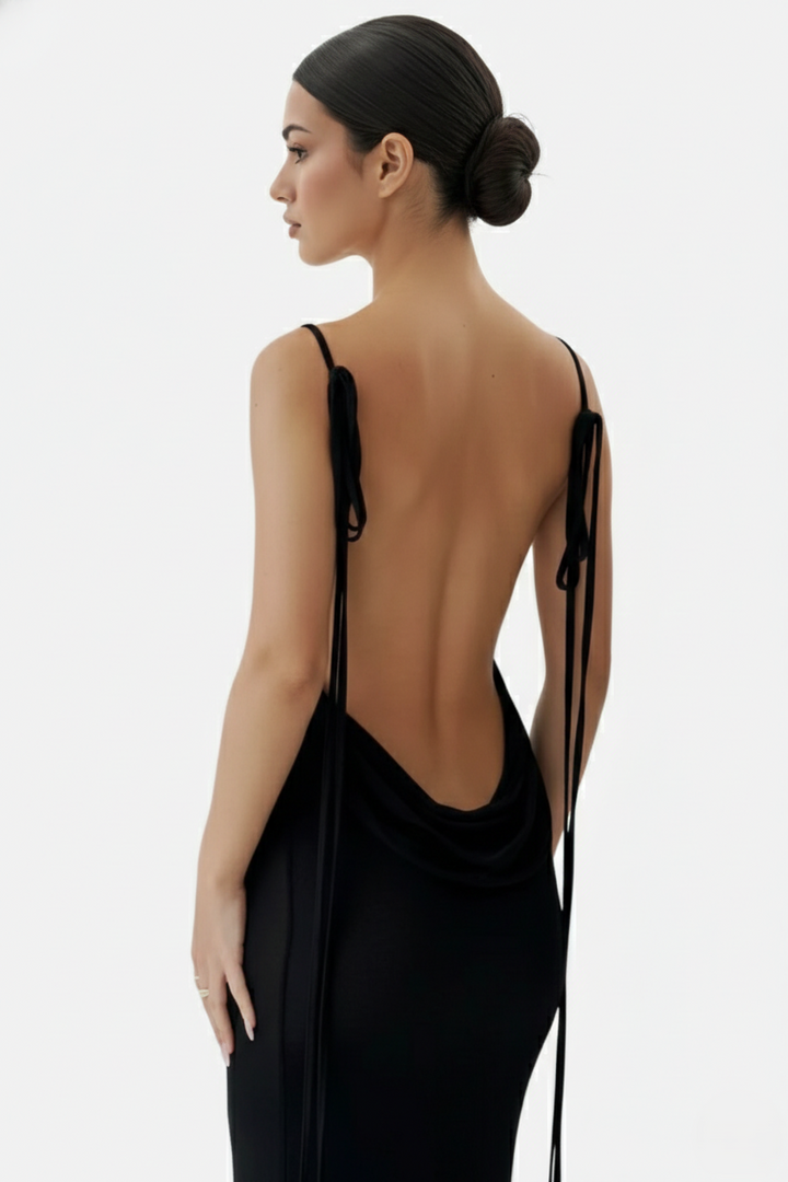 Womens Maxi Dress Spaghetti Strap Backless Tie Back