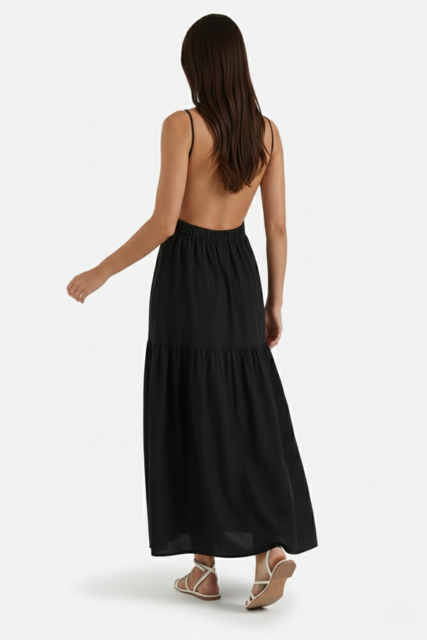 Womens Maxi Dress Tiered Open Back Spaghetti Straps