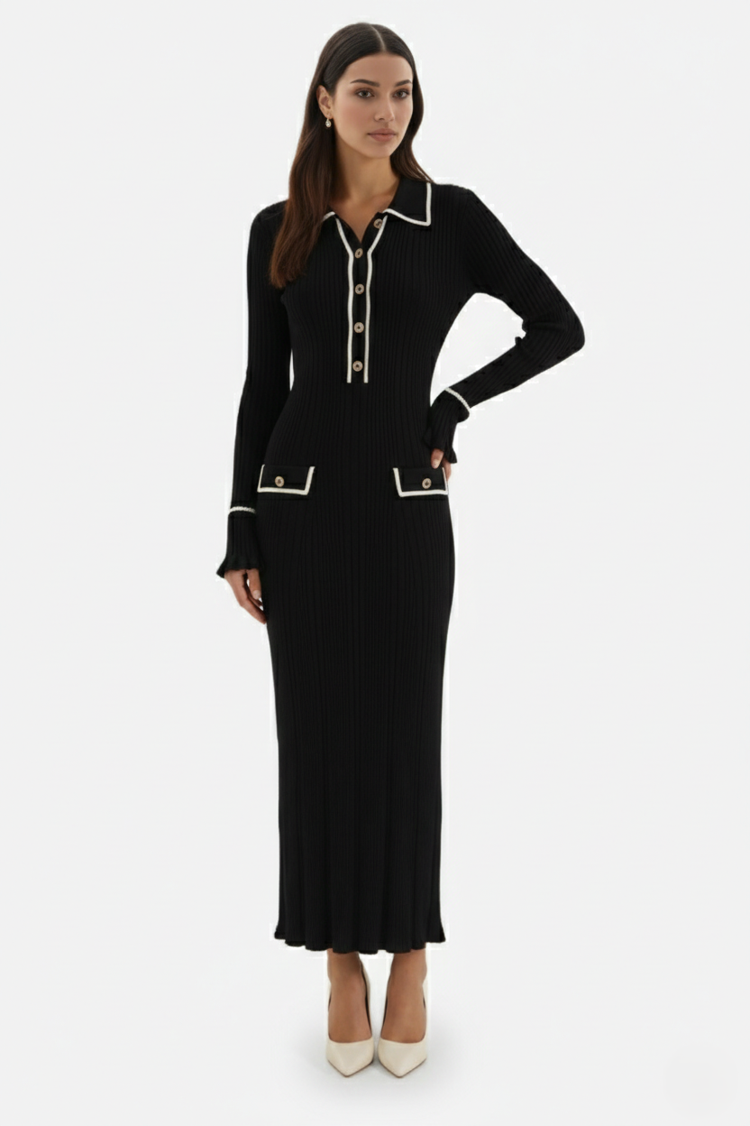 Womens Knitted Polo Maxi Dress Long Sleeve Contrast Trim
