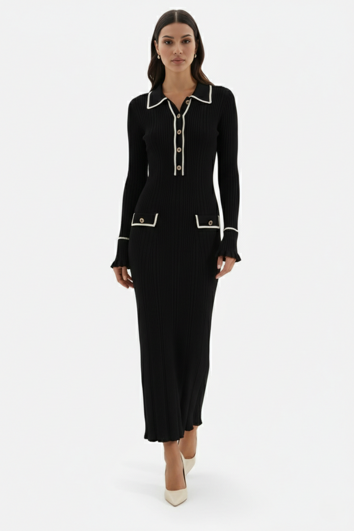 Womens Knitted Polo Maxi Dress Long Sleeve Contrast Trim
