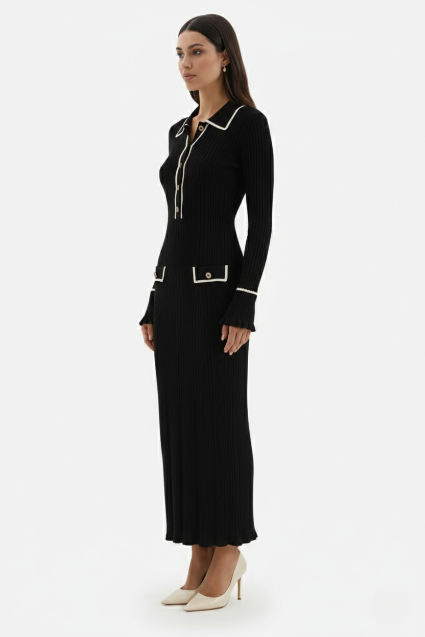 Womens Knitted Polo Maxi Dress Long Sleeve Contrast Trim