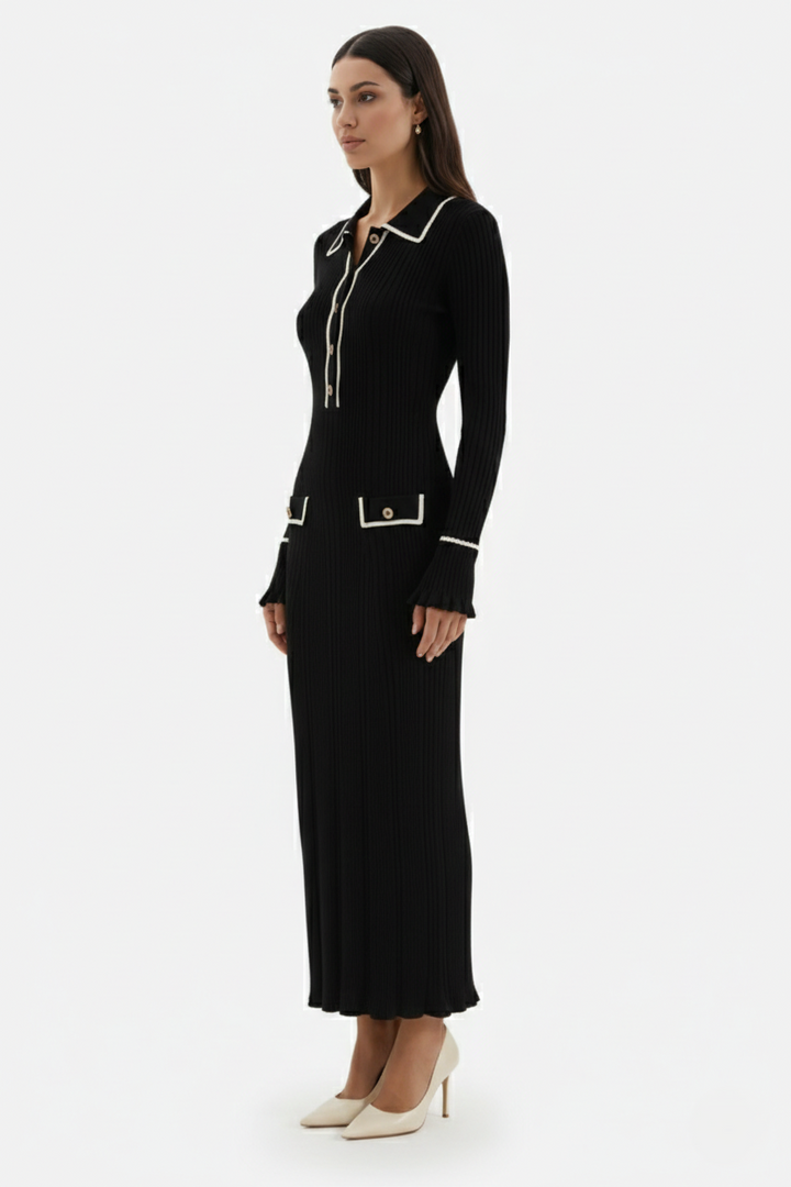 Womens Knitted Polo Maxi Dress Long Sleeve Contrast Trim