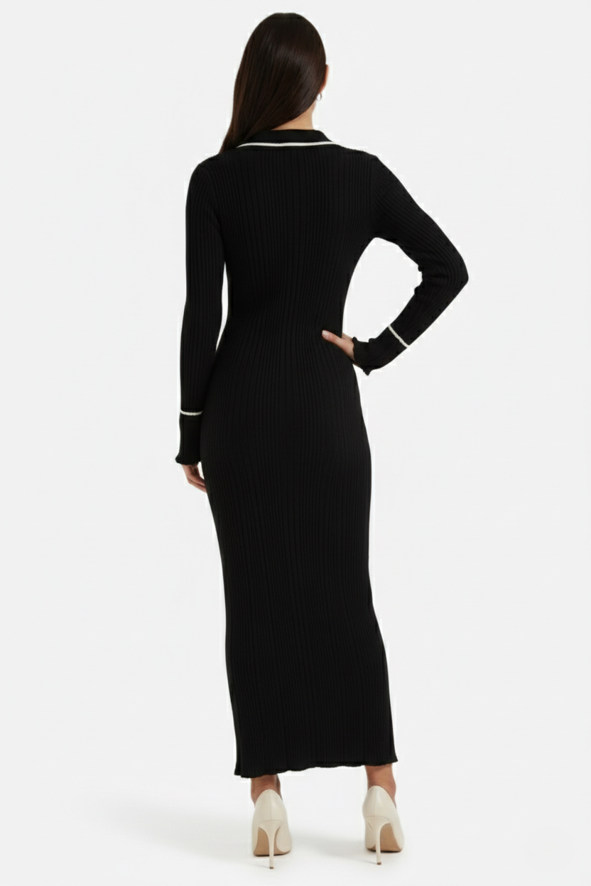 Womens Knitted Polo Maxi Dress Long Sleeve Contrast Trim