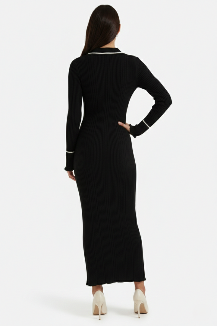 Womens Knitted Polo Maxi Dress Long Sleeve Contrast Trim