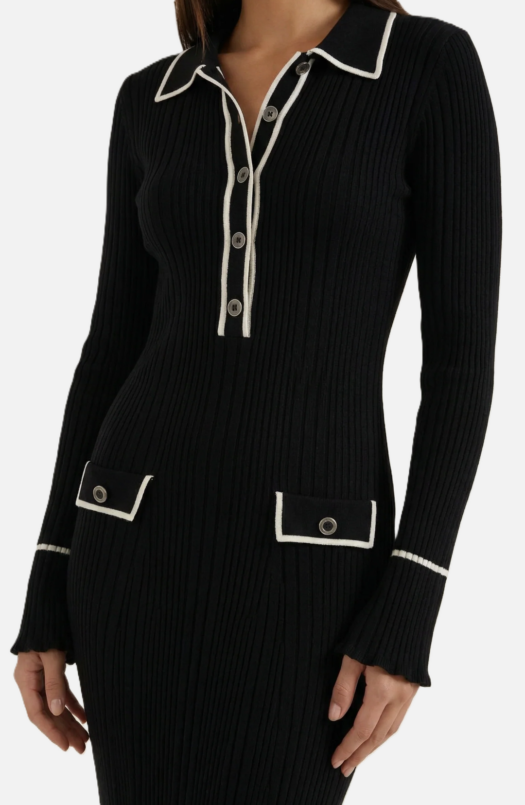 Womens Knitted Polo Maxi Dress Long Sleeve Contrast Trim