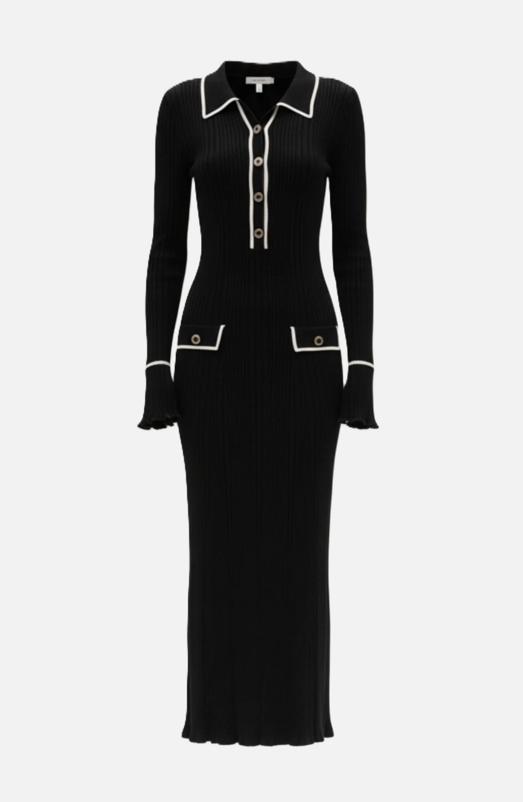 Womens Knitted Polo Maxi Dress Long Sleeve Contrast Trim