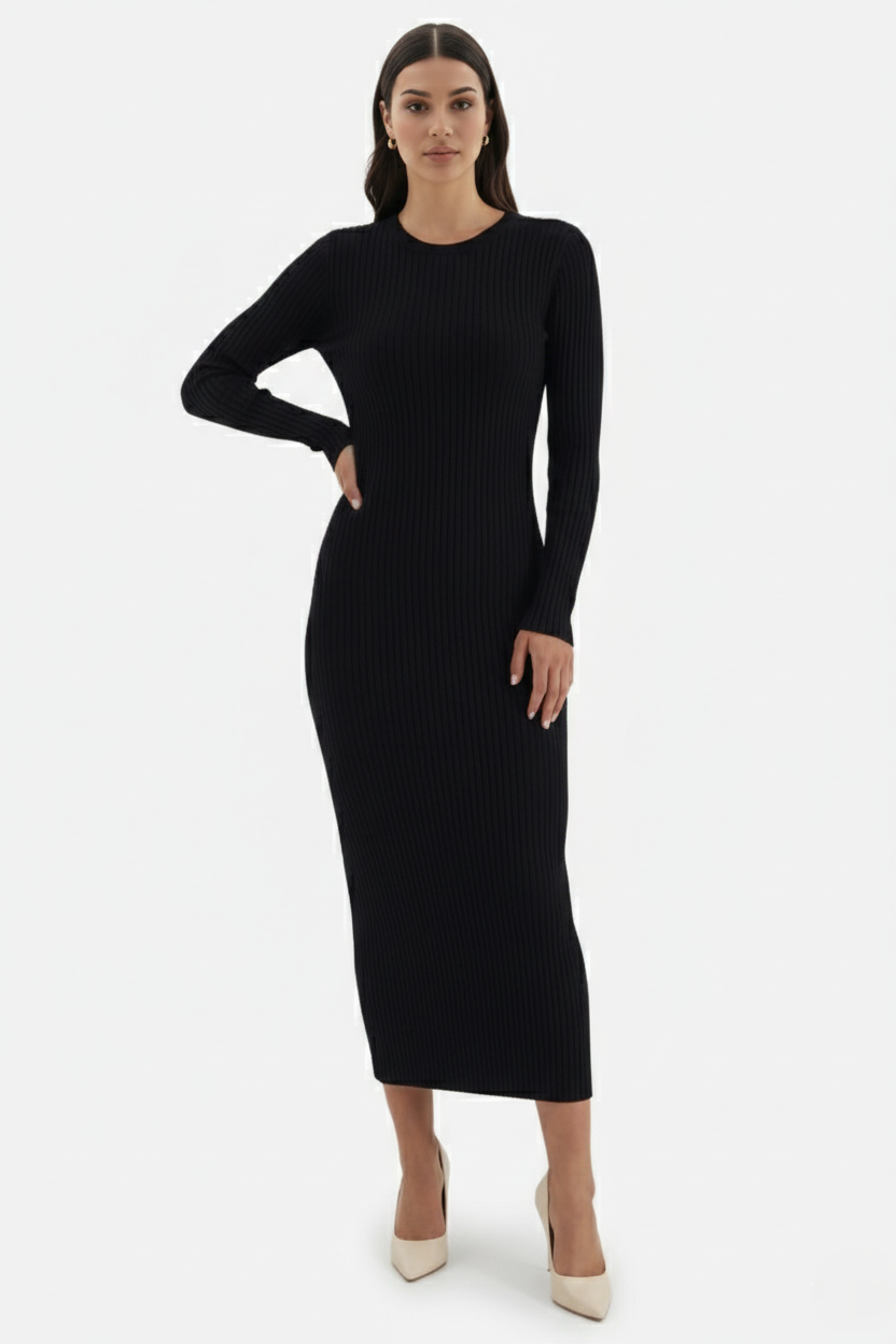 Womens Bodycon Midi Dress Ribbed Knit Long Sleeve Crew Neck