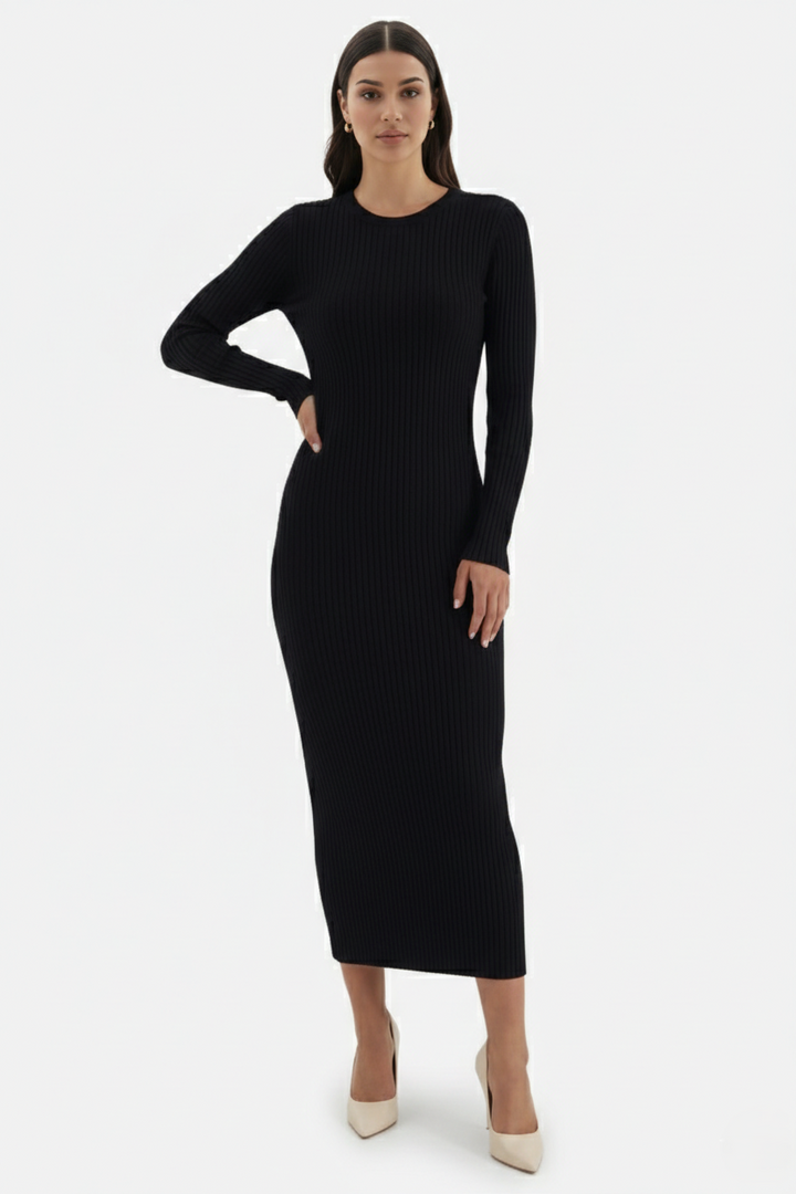 Womens Bodycon Midi Dress Ribbed Knit Long Sleeve Crew Neck
