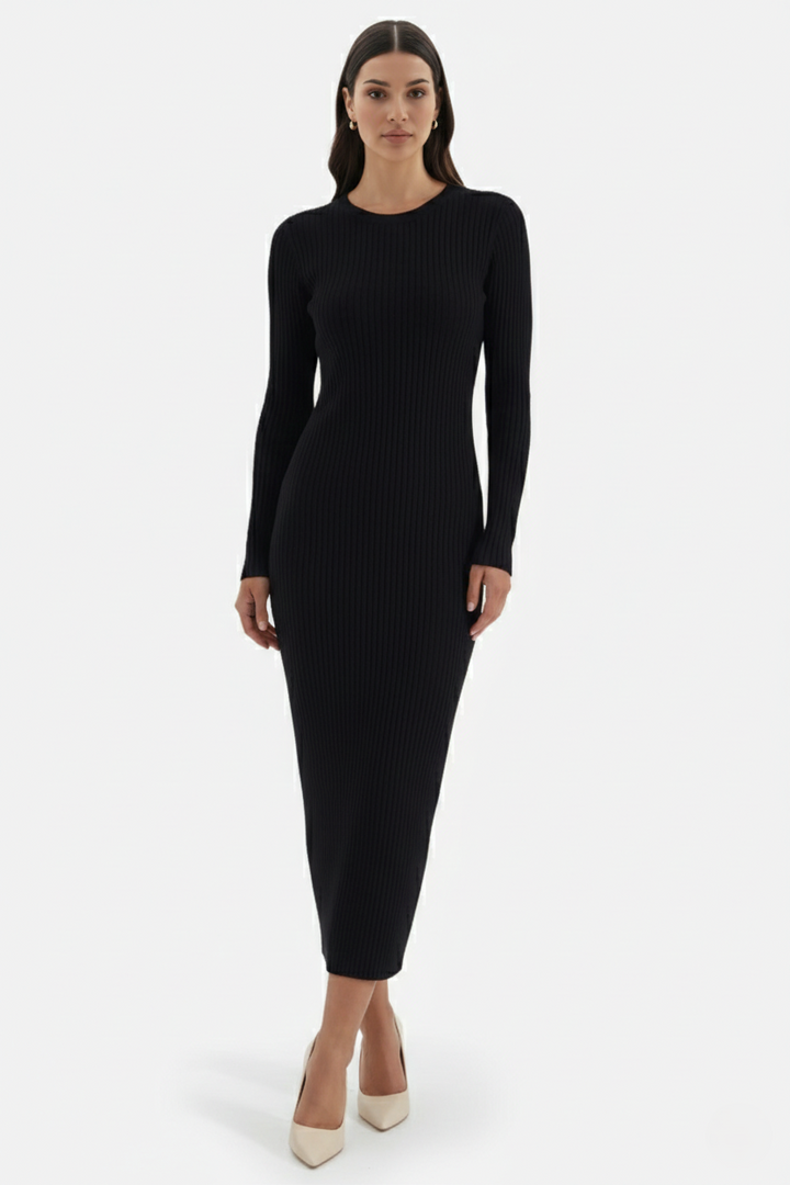 Womens Bodycon Midi Dress Ribbed Knit Long Sleeve Crew Neck