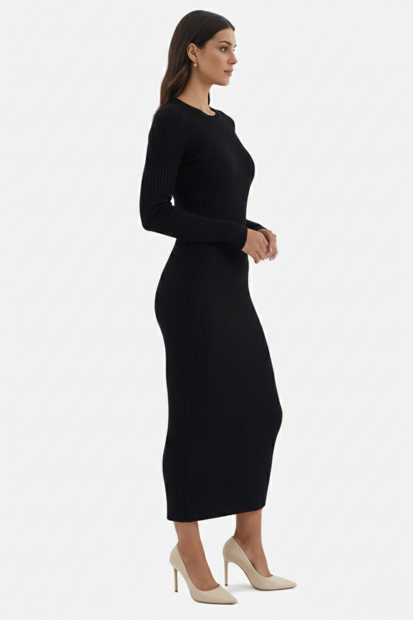 Womens Bodycon Midi Dress Ribbed Knit Long Sleeve Crew Neck