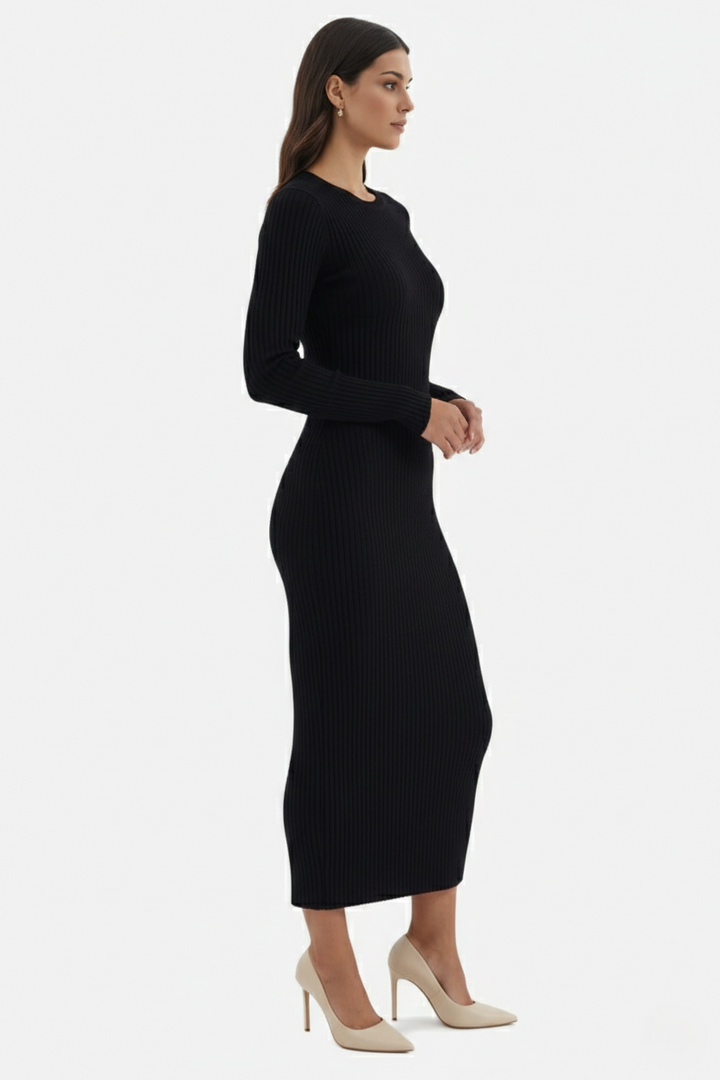 Womens Bodycon Midi Dress Ribbed Knit Long Sleeve Crew Neck