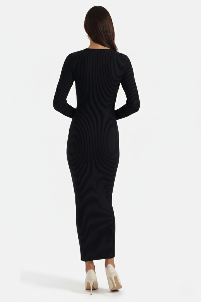 Womens Bodycon Midi Dress Ribbed Knit Long Sleeve Crew Neck