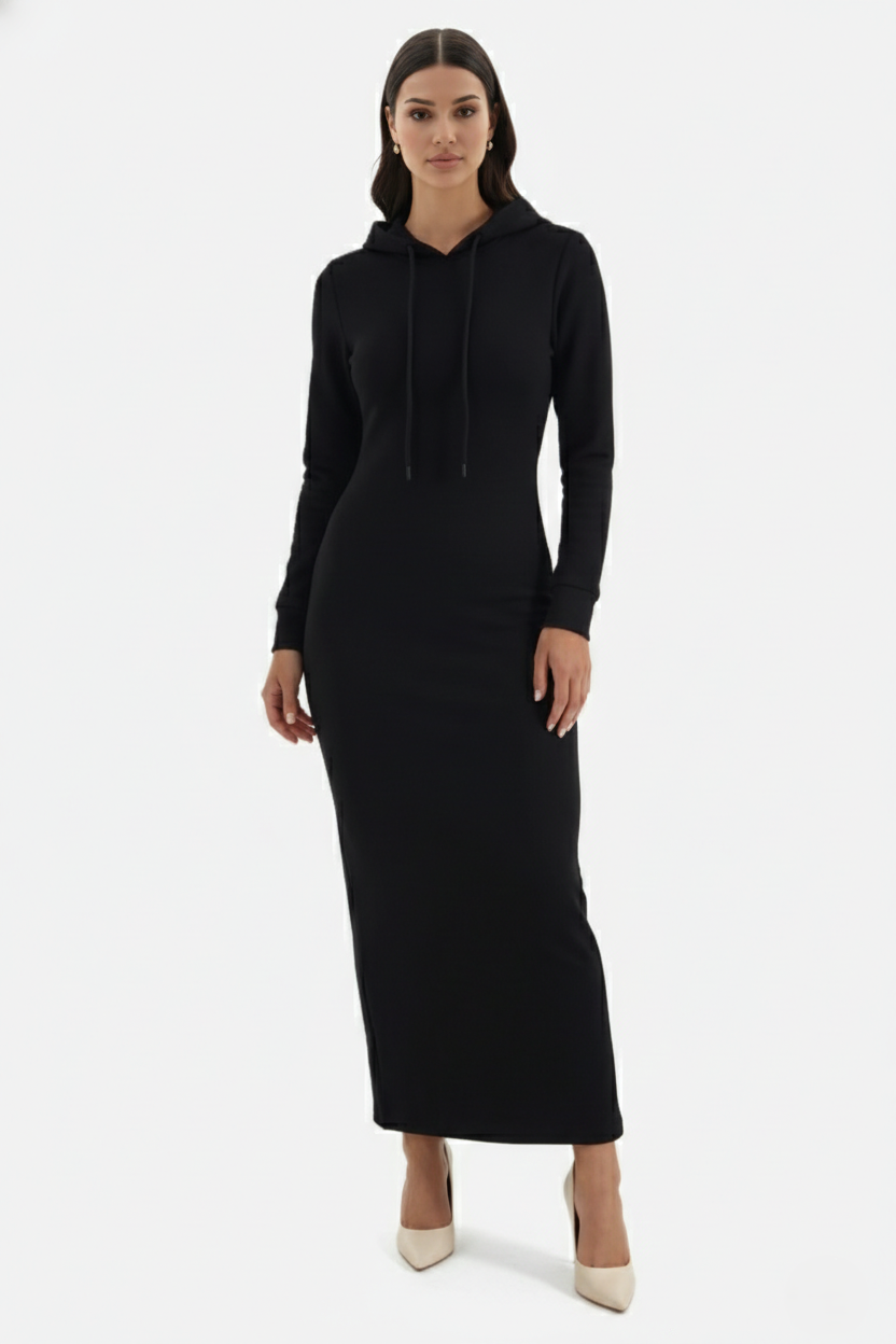 Womens Hooded Bodycon Maxi Dress Long Sleeve Casual