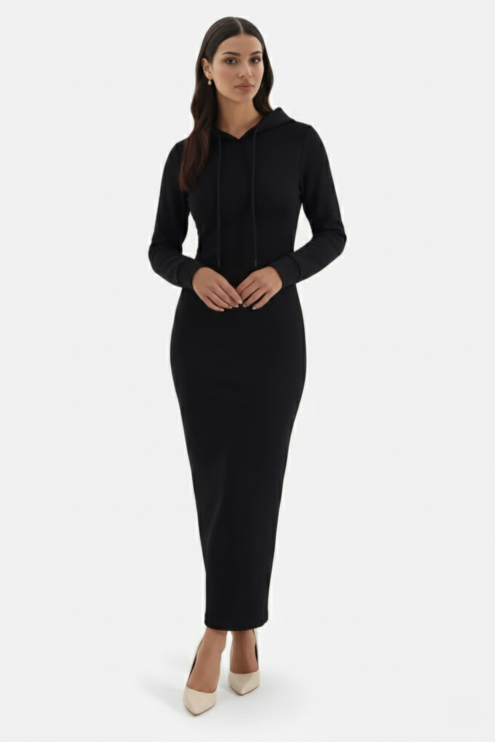 Womens Hooded Bodycon Maxi Dress Long Sleeve Casual