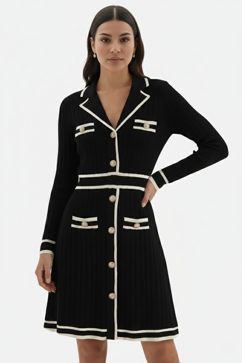 Womens Knit Cardigan Dress Long Sleeve Button-Down Metallic Buttons
