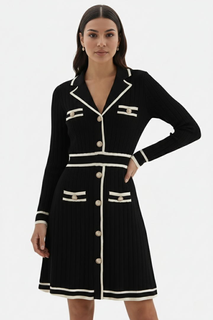 Womens Knit Cardigan Dress Long Sleeve Button-Down Metallic Buttons
