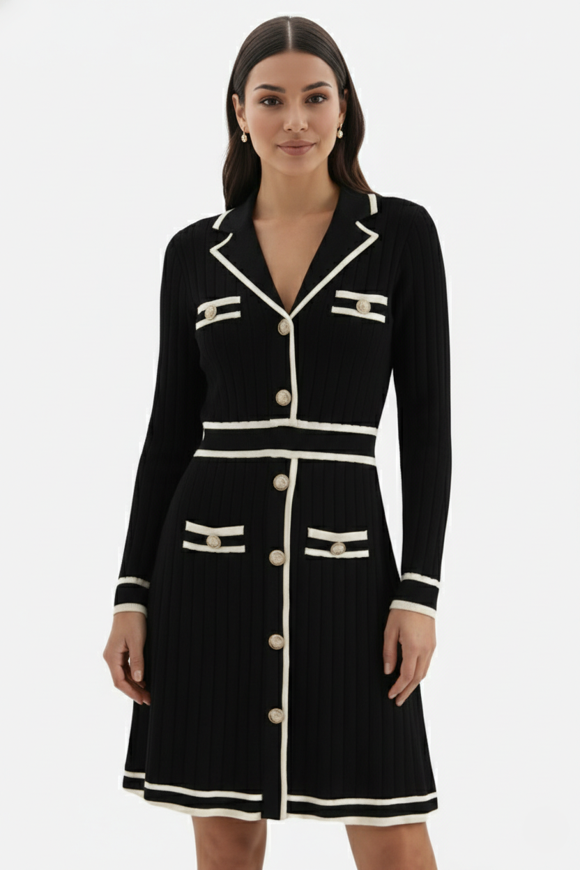 Womens Knit Cardigan Dress Long Sleeve Button-Down Metallic Buttons