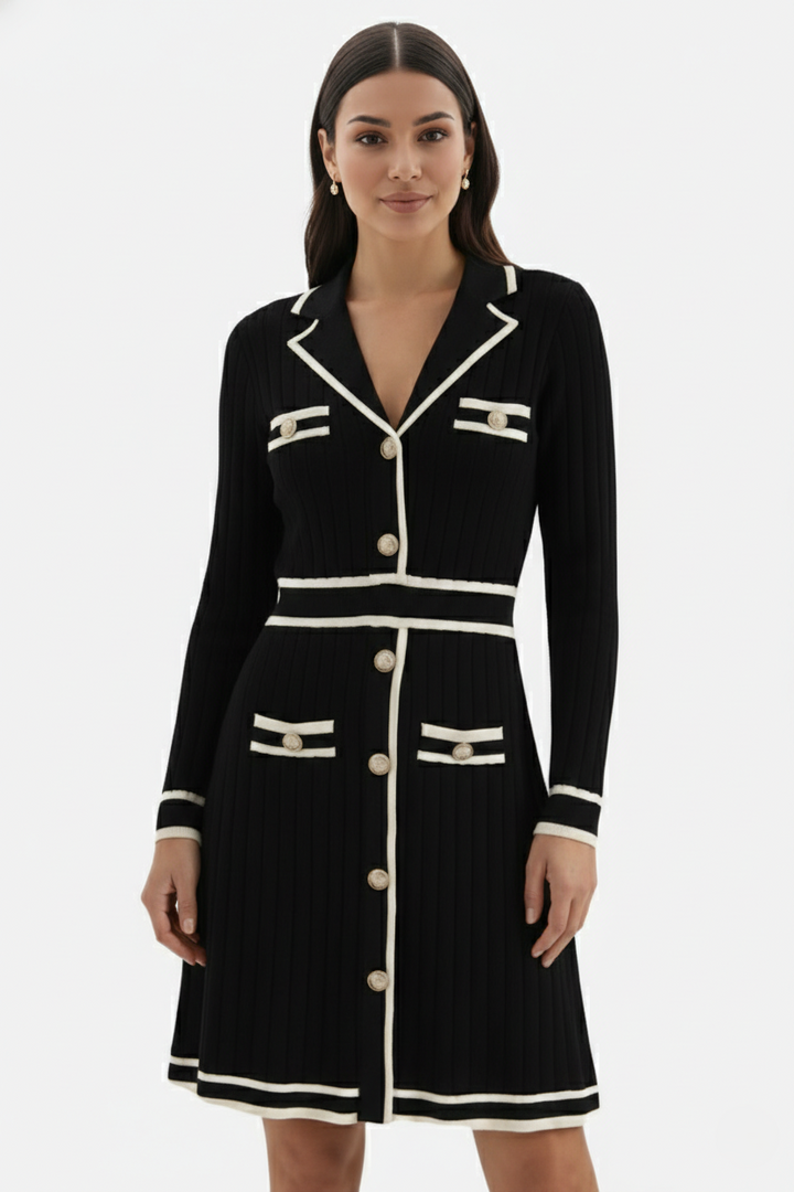 Womens Knit Cardigan Dress Long Sleeve Button-Down Metallic Buttons