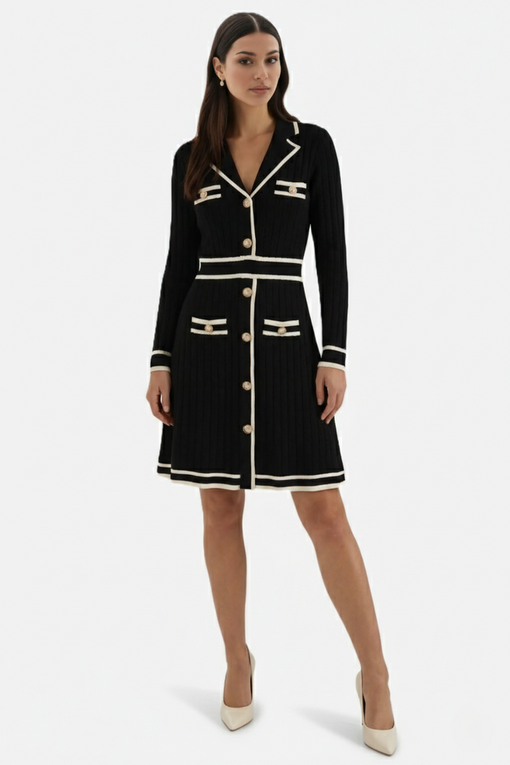 Womens Knit Cardigan Dress Long Sleeve Button-Down Metallic Buttons