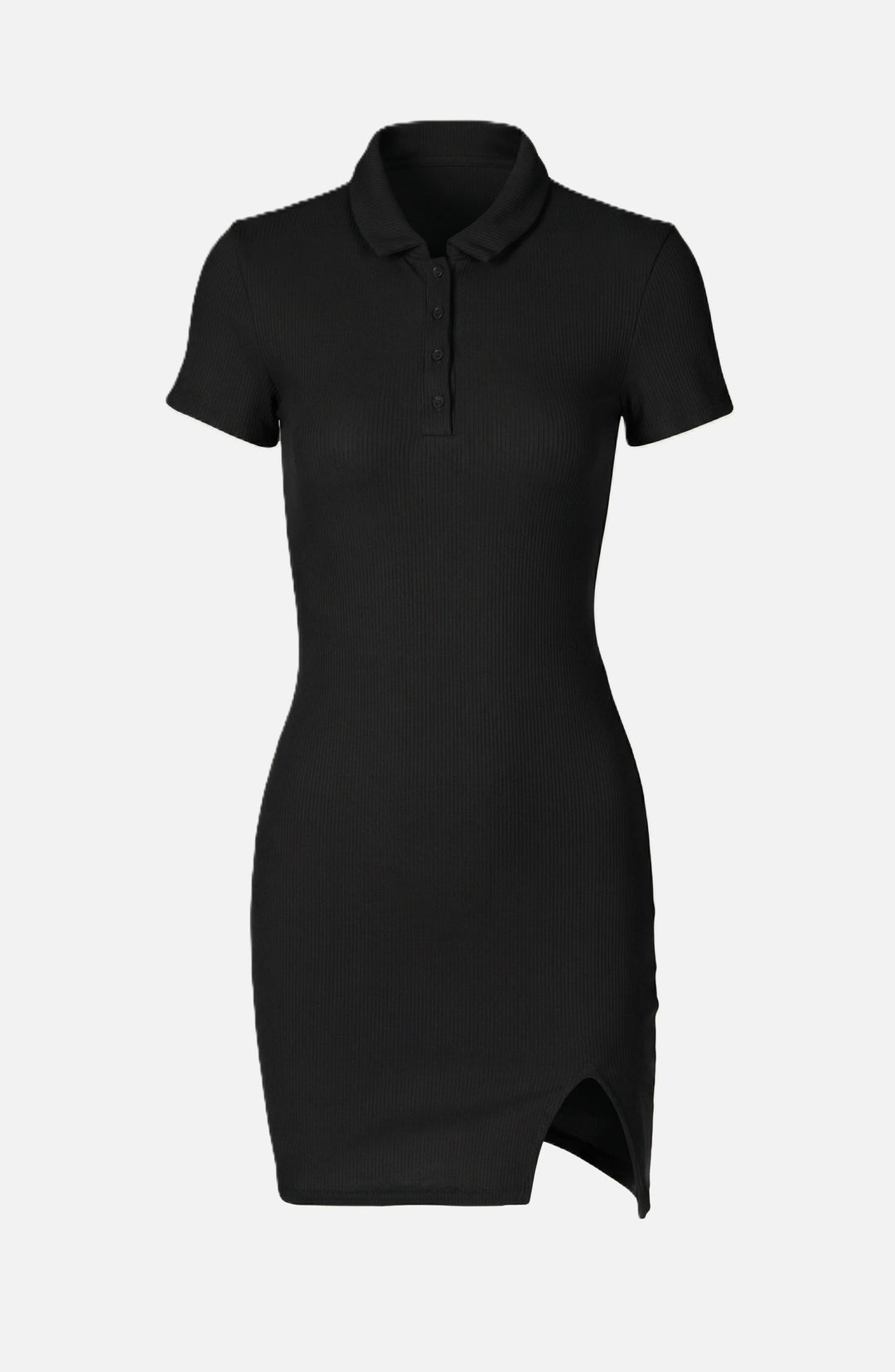 Womens Ribbed Polo Mini Dress Slim Fit Button Front Side Slit